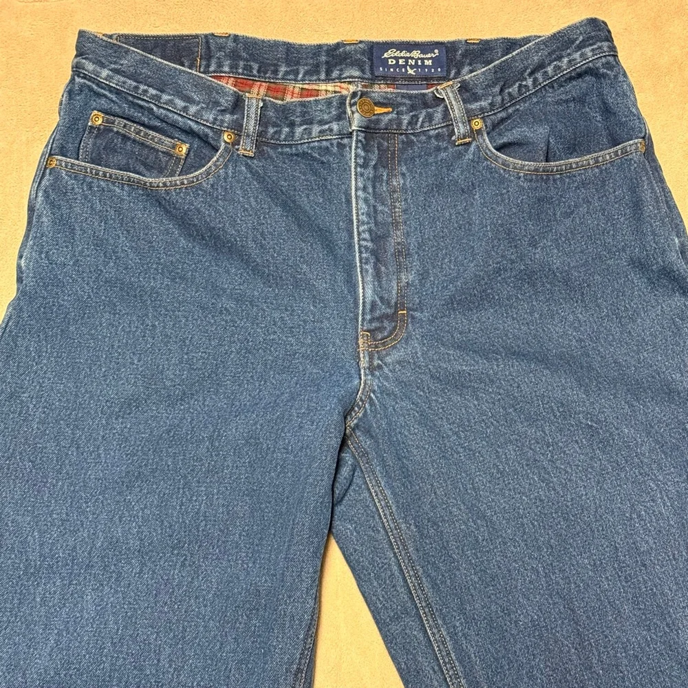 Men's Eddie Bauer Blue Plaid Lined Straight Jeans 38x32